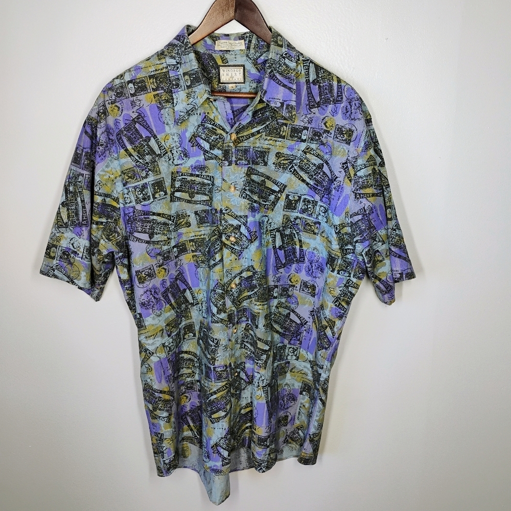 Vintage Windsor Shirt Company Travel Passport Stamps Button Up Shirt Mens Large